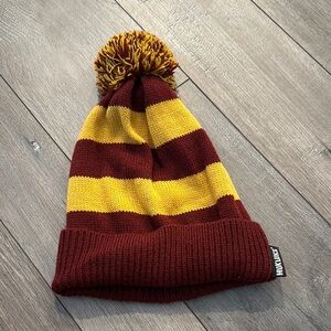 Mukluks Maroon and Yellow Striped Pom Beanie
